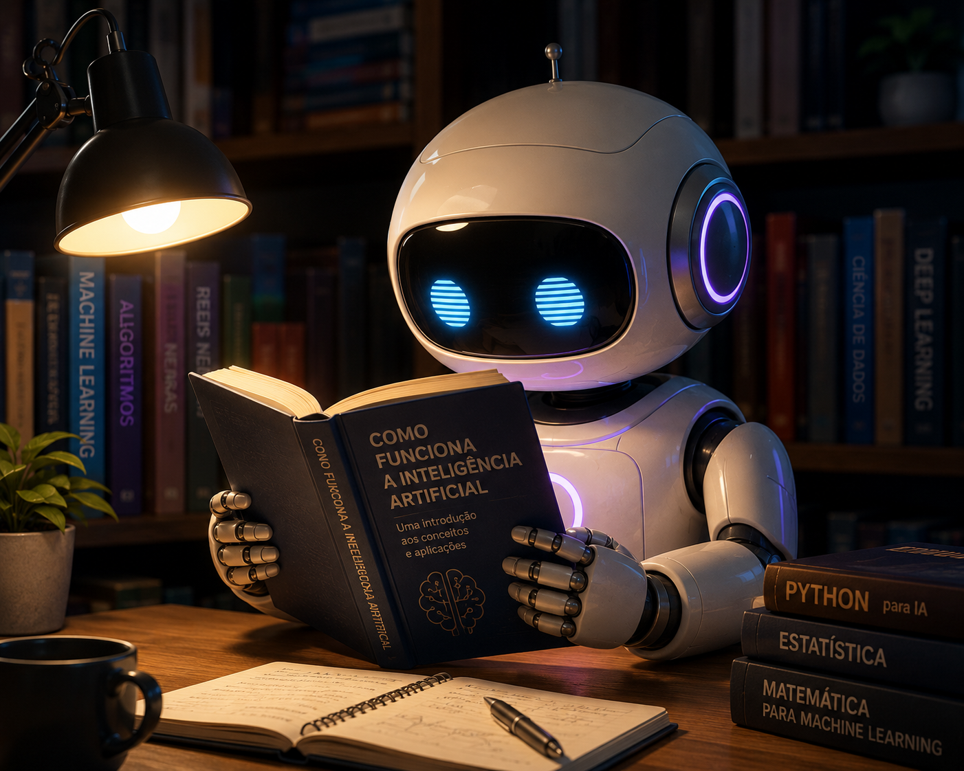 Ilustração de um robô lendo um livro intitulado “Como funciona a Inteligência Artificial” em uma biblioteca.