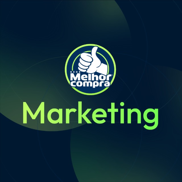 Logo da Rede Melhor Compra com a palavra Marketing em verde lime sobre fundo azul escuro.